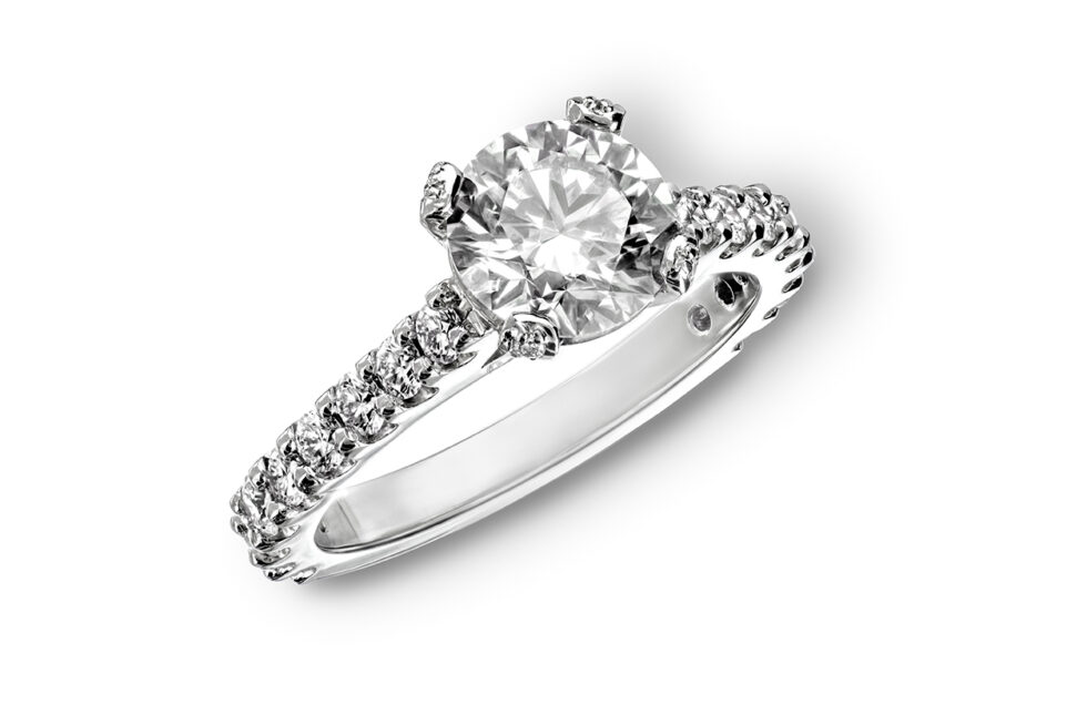 Studio product photograph of a diamond engagement ring on a white background for jewellery marketing and eCommerce.