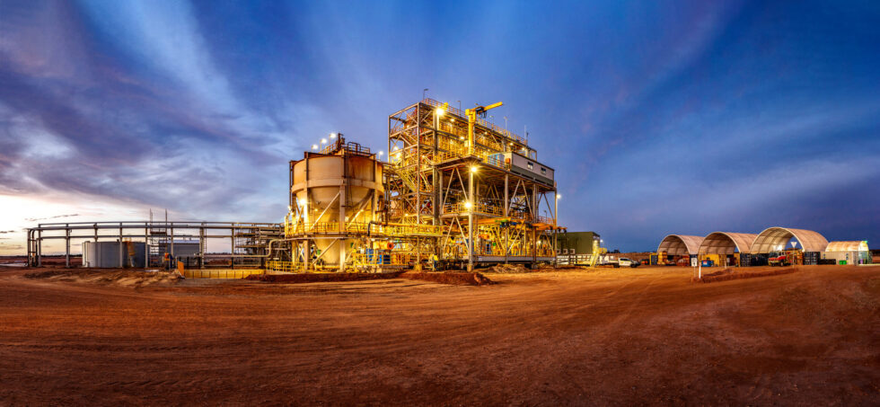 Twilight panoramic photograph of the Atlas Campaspe Mineral Sands processing plant in central New South Wales, photographed for Liebherr Australia.